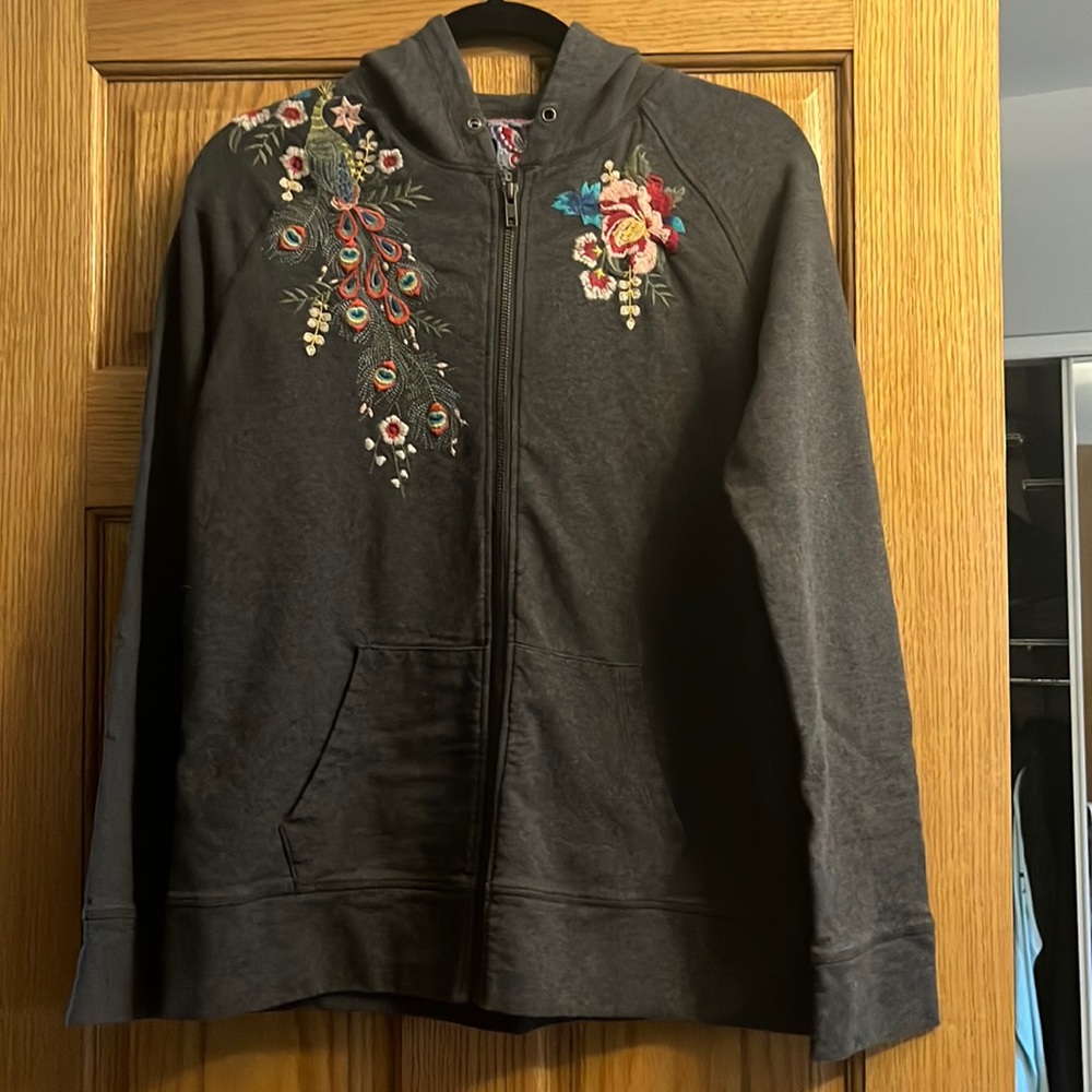 Johnny Was hoodie. grey, zip up w/ 2  pockets, and colorful embroidery.